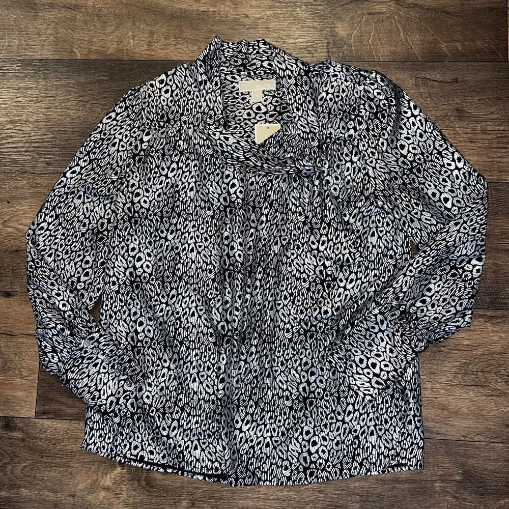 Michael Kors Black & Silver Shimmering Animal Print Blouse With Tie Size M NWT